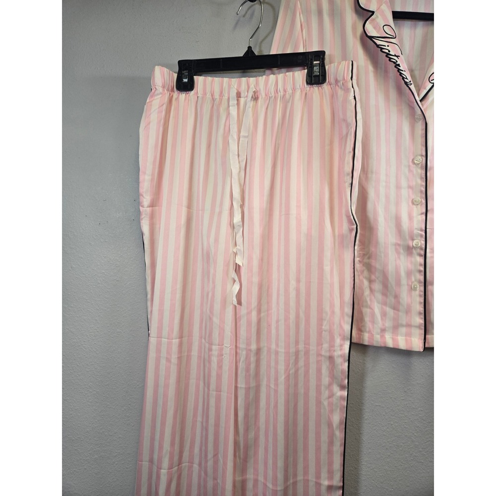 Victoria's Secret Pink White Stripe Satin Pajama Set Long Sleeve Pants Small - Picture 4 of 11